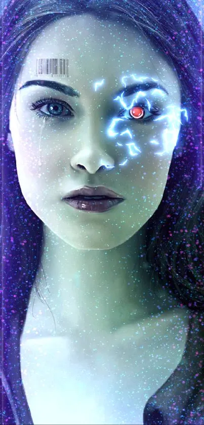 Cybernetic woman with blue and red eyes in fantasy art digital wallpaper.