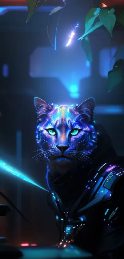 Futuristic glowing cyber cat with neon lights in a dark sci-fi setting.