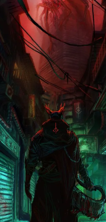 Cyberpunk alley with glowing red and cyan lights, featuring a mysterious hooded figure.