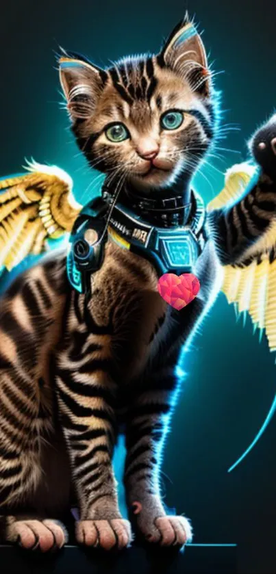 Cybernetic angel cat with glowing wings and futuristic collar.