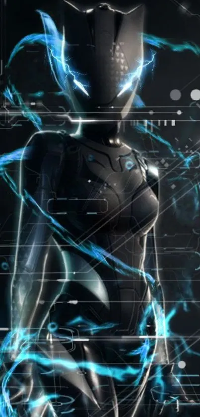 Futuristic cybernetic figure in blue aura.