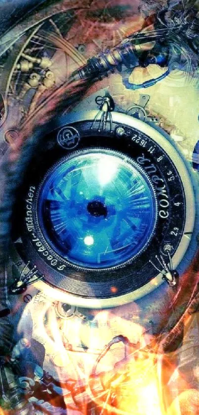 Cyberpunk-inspired blue mechanical eye with gears and circuits background.