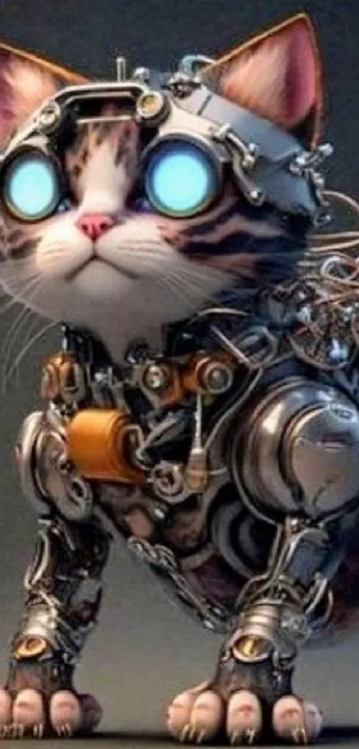 Robotic cat with glowing blue eyes in a futuristic style.