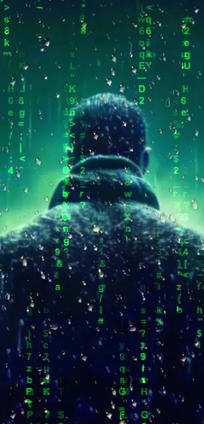 Hooded figure with digital code rain on a green backdrop.