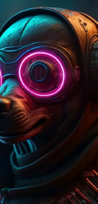 Robotic dog with neon glasses in a futuristic cyberpunk setting.