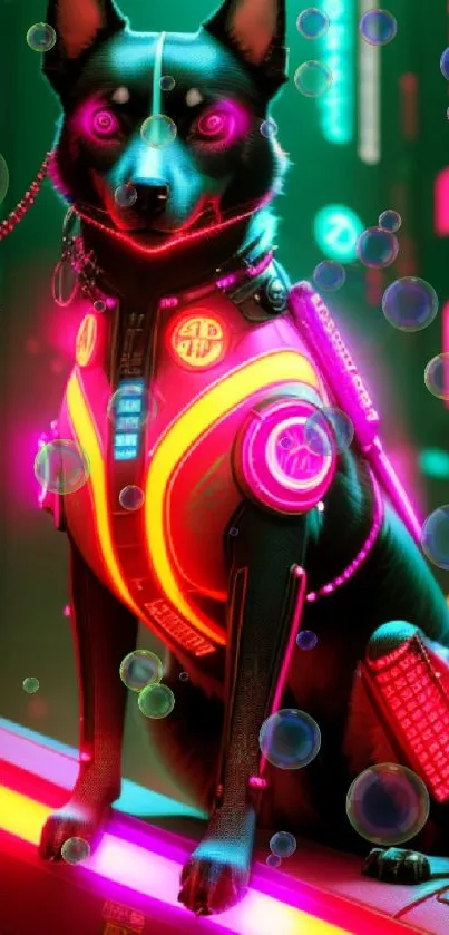 Futuristic cybernetic dog in neon cityscape wallpaper.