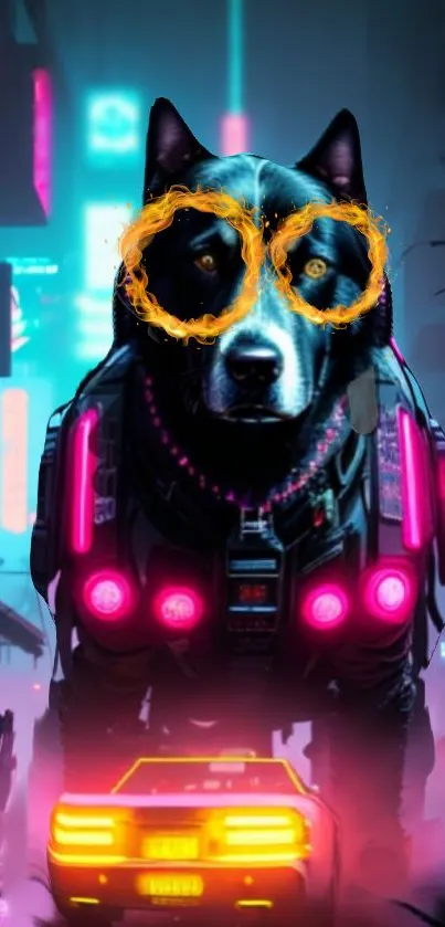 Cybernetic dog with neon glasses in a glowing city background.