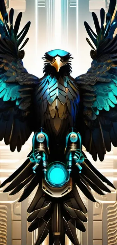 Futuristic cybernetic eagle with vibrant teal wings and robotic elements.