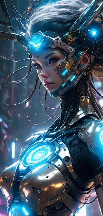 Futuristic android with neon lights in a cyberpunk cityscape.