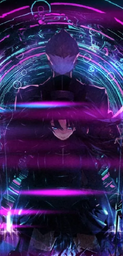 Futuristic cybernetic anime wallpaper with neon lights and digital portal.