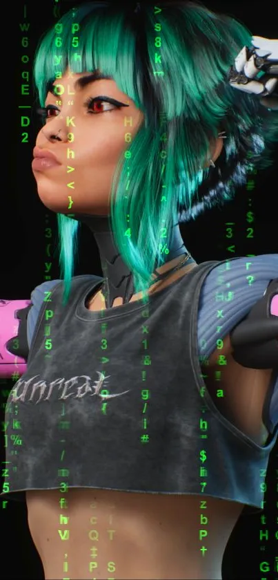 Cybernetic girl with green hair and digital elements in a vibrant wallpaper.