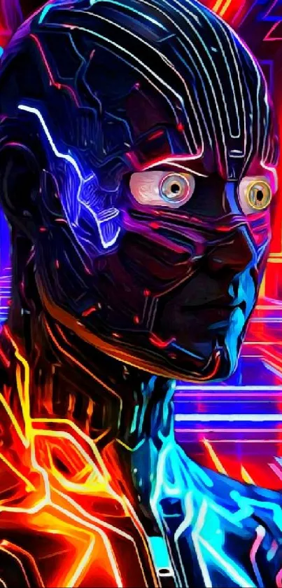 Neon cybernetic character in a futuristic digital setting.