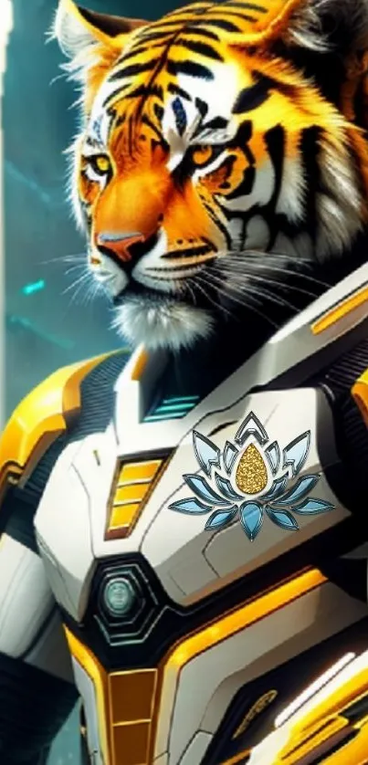 Cybernetic tiger warrior with futuristic armor and vibrant colors