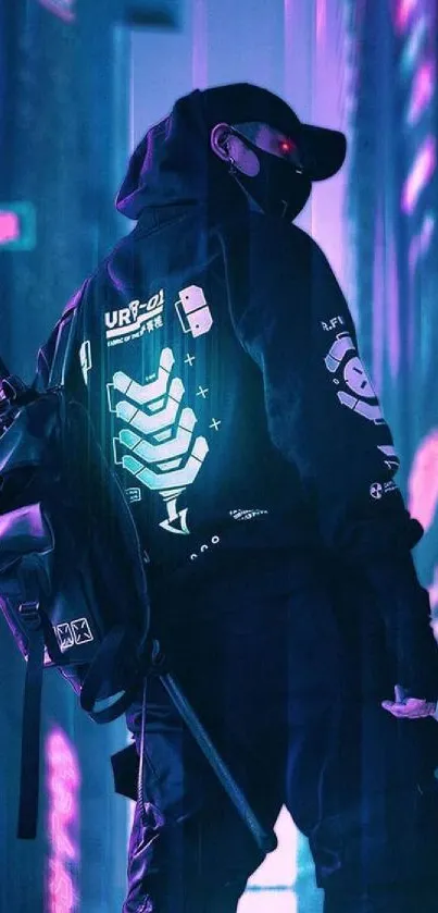 Person in dark urban cyberpunk setting with neon glow.