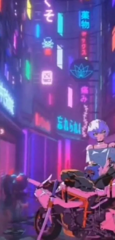 Cyberpunk alley with anime character under neon lights.