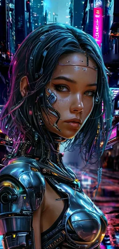 Futuristic female android in a neon cityscape, cyberpunk style.