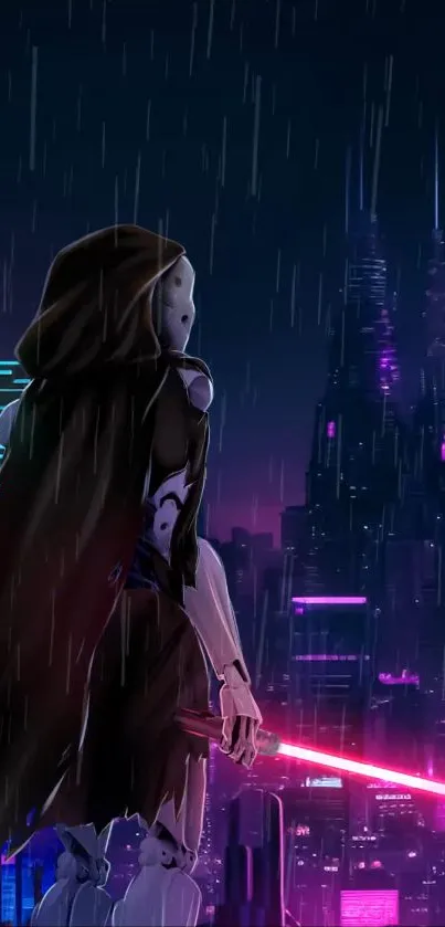 Android warrior in a neon-lit cyberpunk cityscape.