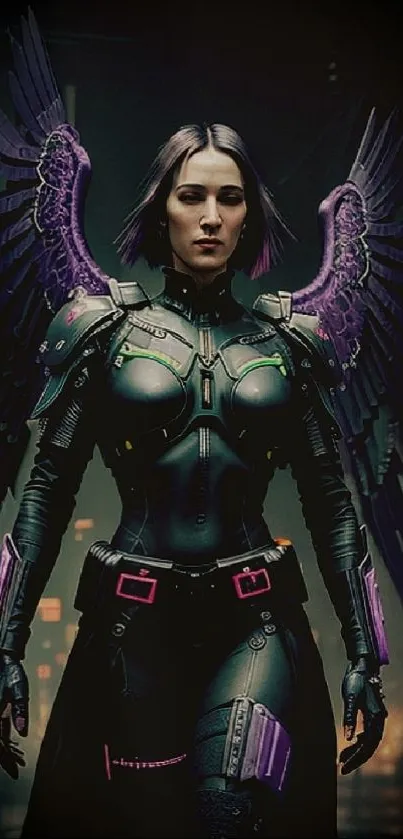 Cyberpunk angel warrior with purple wings in a cityscape.