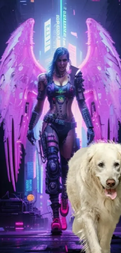 Cyberpunk theme with angel and dog in neon lights.