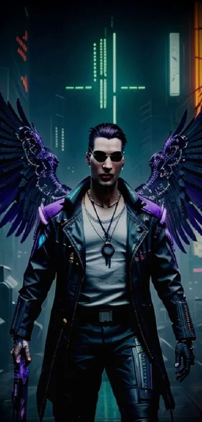 Cyberpunk warrior with wings in neon city.