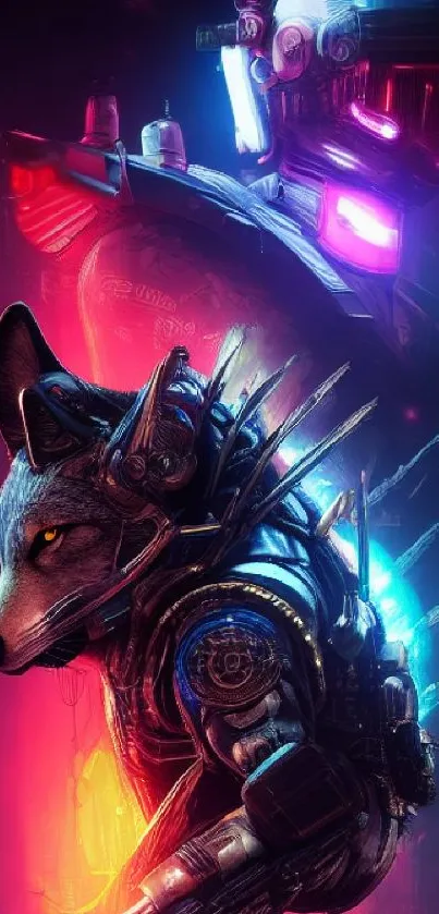 Futuristic cyberpunk animal warrior in neon hues with vibrant background.
