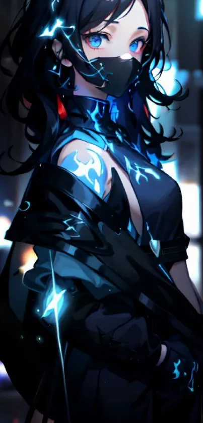 Anime cyberpunk art with blue glow and mysterious character.