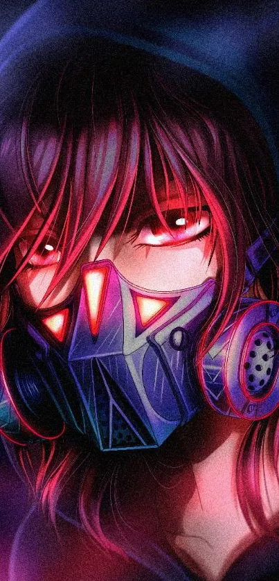 Anime character with a tech mask and glowing red eyes on a vivid, dark background.