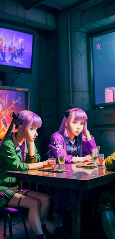 Cyberpunk anime characters in a vibrant cafe setting with screens.