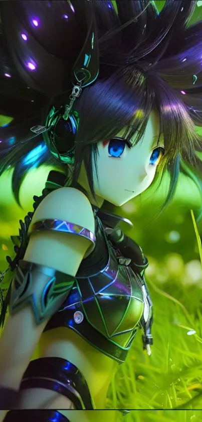 Futuristic anime character with vibrant colors in a cyberpunk style.