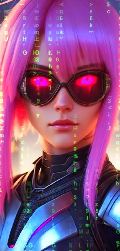 Cyberpunk anime character with pink hair and glowing goggles in a futuristic city.