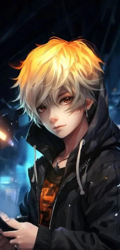 Anime character with blonde hair in cyberpunk setting.