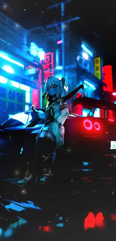 Cyberpunk anime cityscape with neon lights and a sports car.