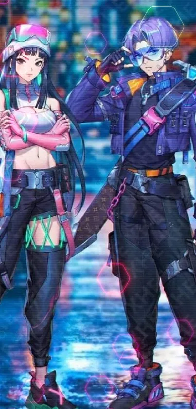 Futuristic anime duo with neon accents in a cyberpunk cityscape.