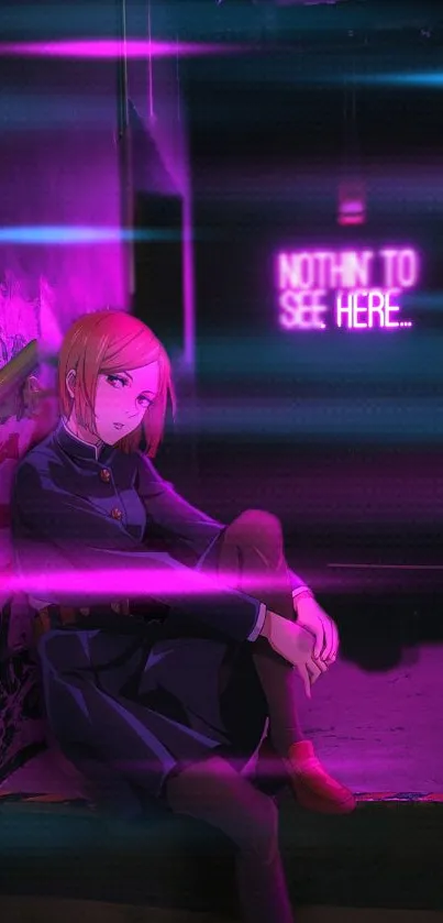 Anime girl in a neon-lit cyberpunk environment with glowing text.