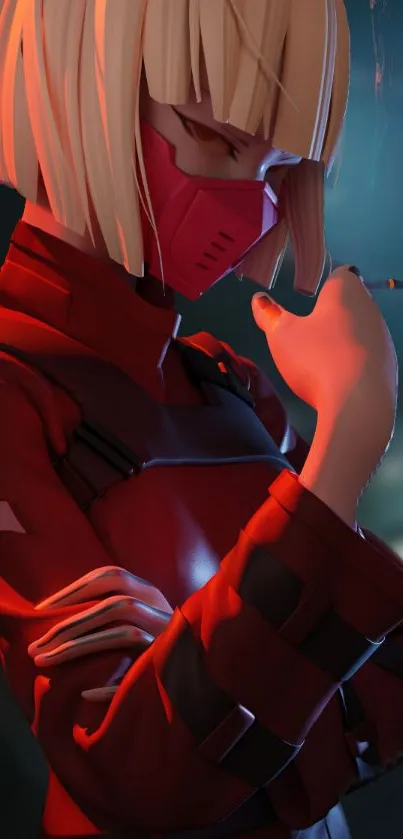 Anime character in red outfit with blonde hair and a mask.