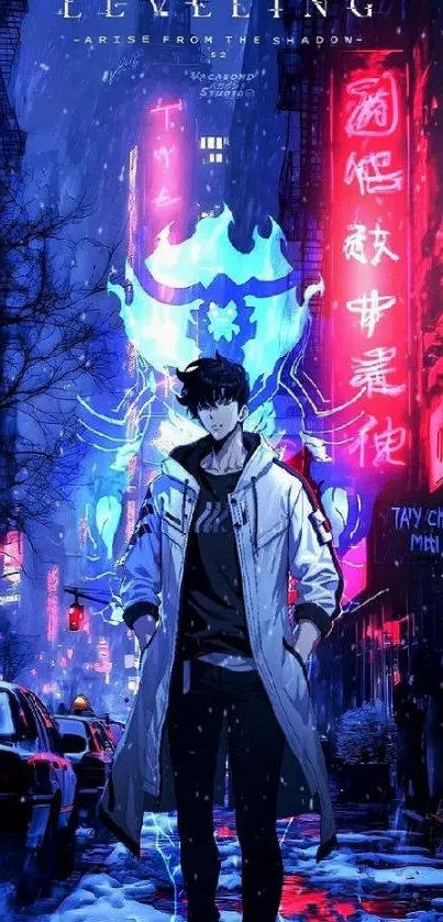Anime character amidst vibrant neon cityscape at night.