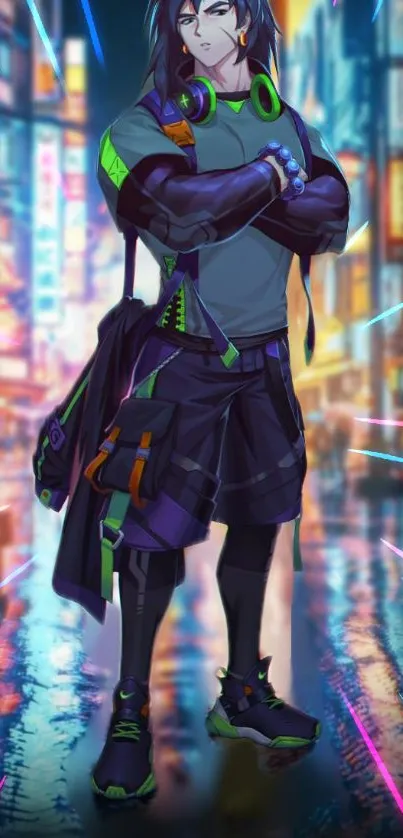 Anime character in cyberpunk neon city scene.