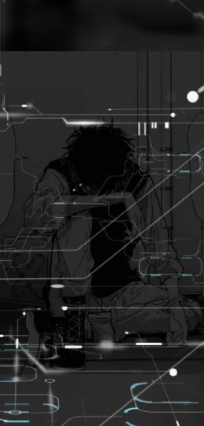 Dark cyberpunk anime wallpaper featuring futuristic elements.