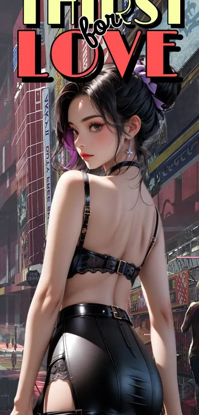 Anime girl in cyberpunk city street.