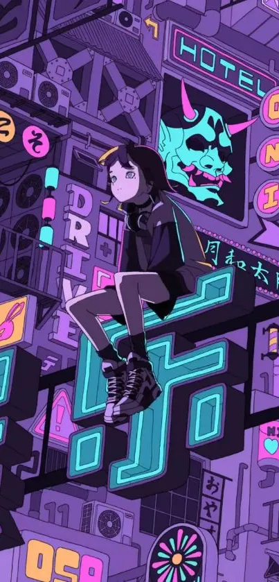 Anime character sits amid neon signs in a cyberpunk city scene.