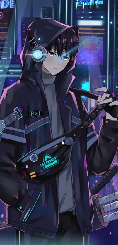 Cyberpunk anime wallpaper with neon cityscape and stylized character.