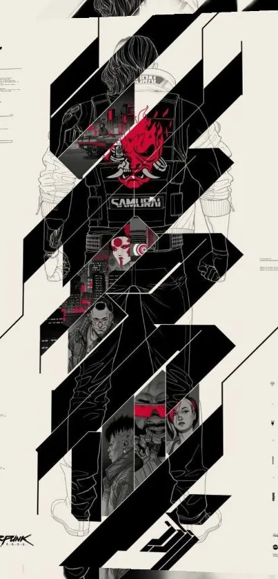 Cyberpunk inspired mobile wallpaper with bold geometric patterns in black, white, and red.