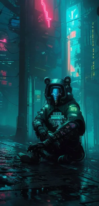 Cyberpunk bear astronaut sitting in a neon-lit futuristic cityscape.