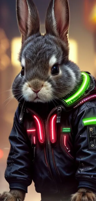 Cyberpunk bunny in neon jacket, vibrant wallpaper.