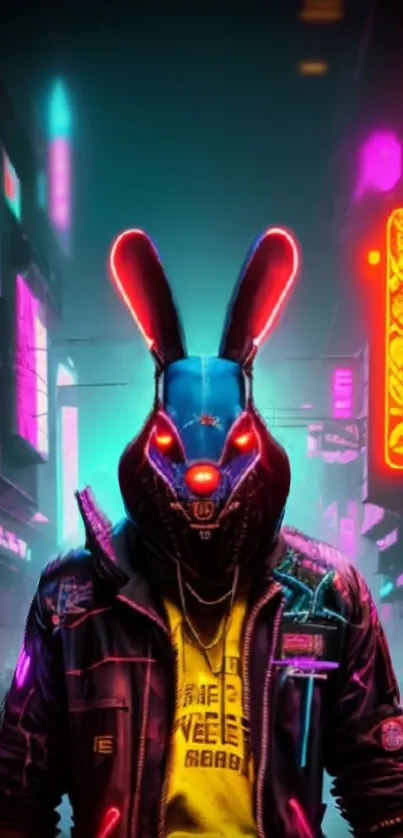 Cyberpunk bunny character in a neon-lit city with vibrant digital art style.