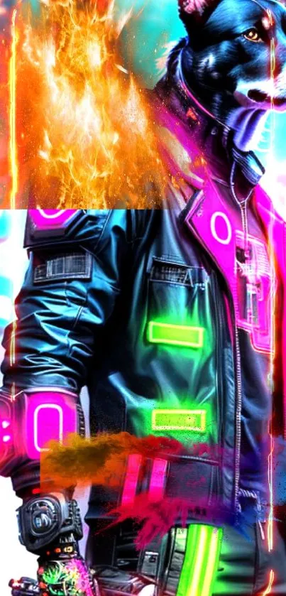 Cyberpunk dog in neon jacket with fiery visuals.