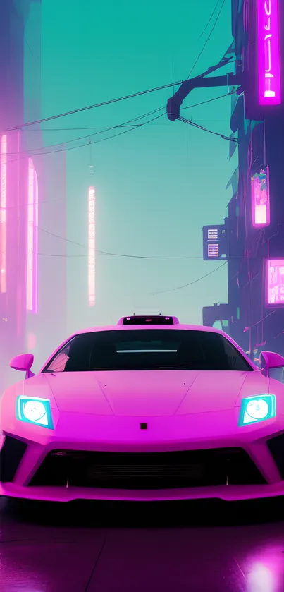 Futuristic car with neon lights in a cyberpunk cityscape.