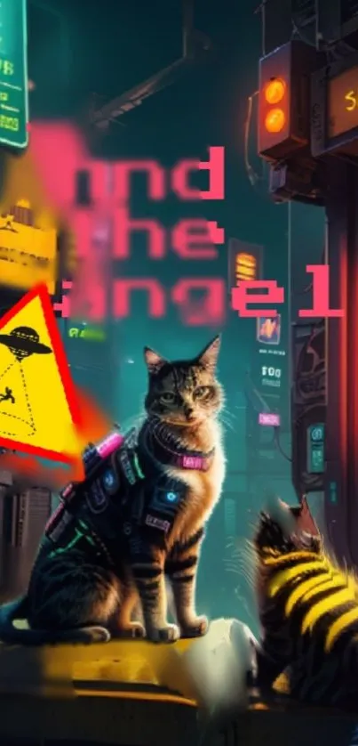 Cyberpunk cats in neon cityscape wallpaper.