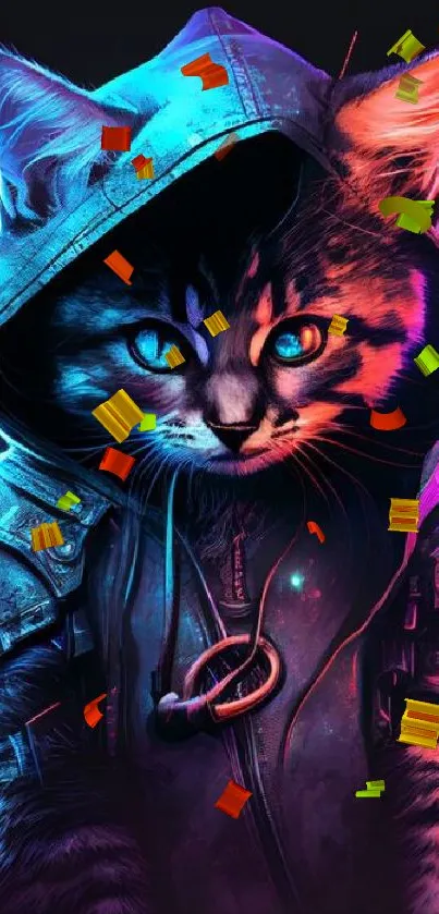 Cyberpunk cat in neon hoodie with vibrant colors and digital style.