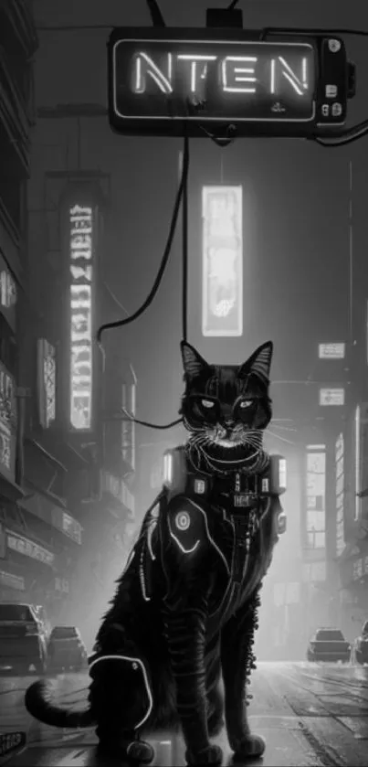 Cyberpunk cat sits in a neon-lit city, blending sci-fi with urban noir.